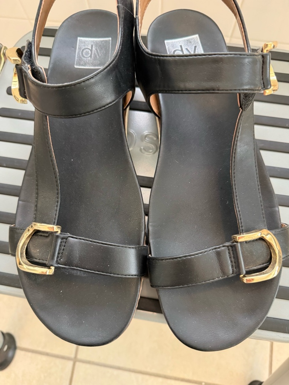 DV by Dolce Vita Black Leather Sandals with Gold Buckle